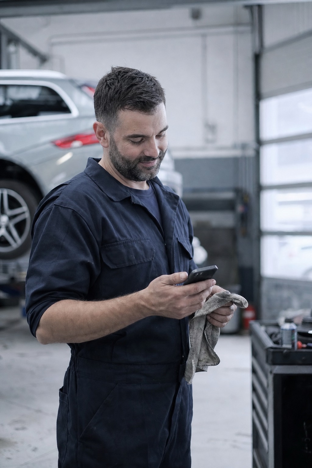 In officina, con le mani ancora sul lavoro